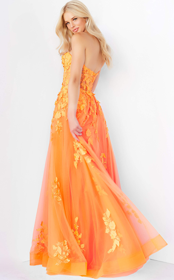 Jovani 07901 Orange Lace Appliques Strapless Prom Gown